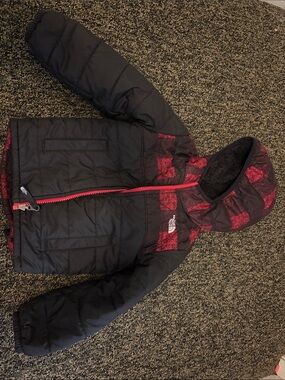 The North Face Kids Black Jacket with Red Plaid Hood